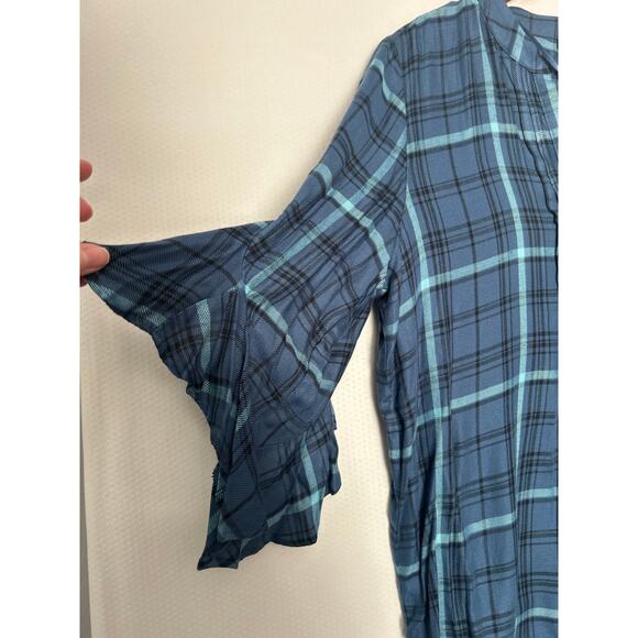 Vince Camuto Plaid Ruffle Sleeve Blouse Blue Teal Check V-Neck Casual Top Medium - Picture 5 of 10